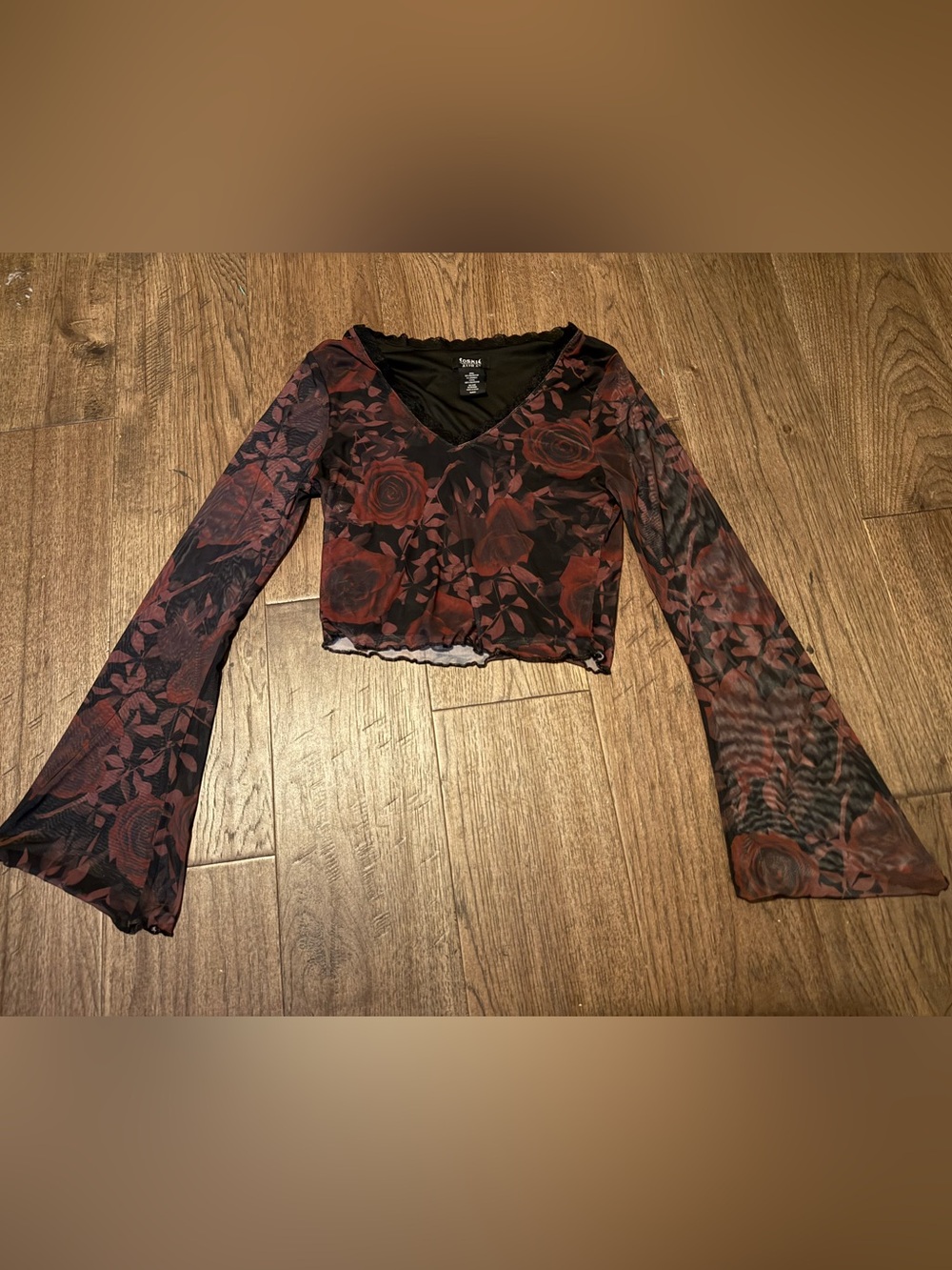 cosmic aura gothic rose print mesh crop top